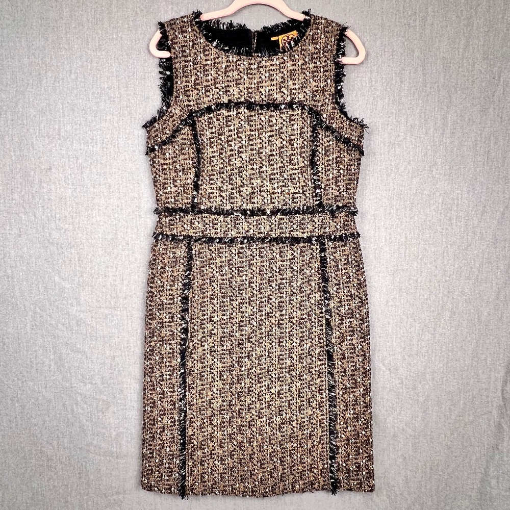 Tory Burch Petula Sleeveless Tweed Sheath Dress 10 Preppy Academia Fringe Work